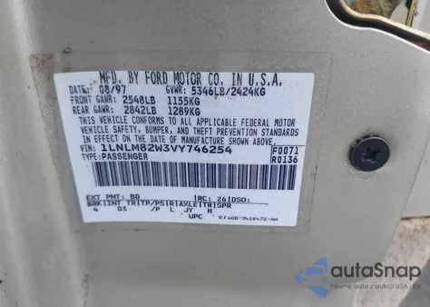 1997 Lincoln Town Car Signature из США, поврежденный, VIN 1LNLM82W3VY746254